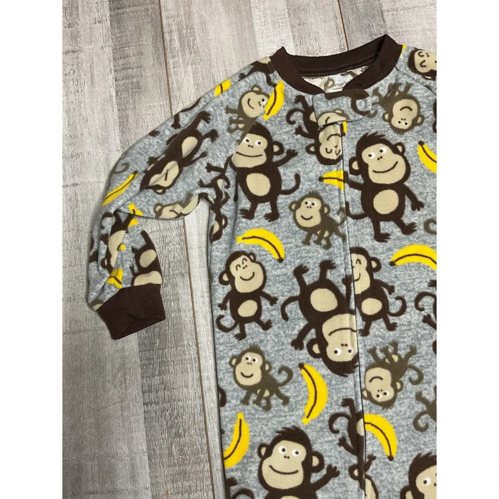 Carters 24M Monkey Banana Fleece Footed Pajamas Grey Brown Zip Up Sleeper